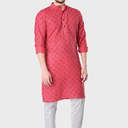SHIWAM ETHNIX Men Pink Geometric Printed Regular Straight Cotton Kurta image 4