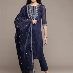 Bahe Kurtiz Floral Embroidered Zari Kota Doriya Straight Kurta With Trousers & Dupatta image 4