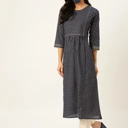 Maaesa Women Navy Blue Ethnic Motifs Printed Kurta with Trousers & With Dupatta & Mask image 2