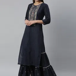 SheWill Women Blue Ethnic Motifs Yoke Design Pure Cotton Kurta with Sharara & With Dupatta image 2