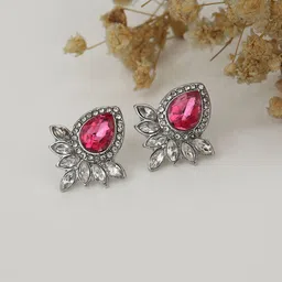 Carlton London Silver-Toned & Pink Teardrop Shaped Studs Earrings image 1
