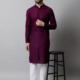 Jompers Men Purple Ethnic Motifs Embroidered Thread Work Pure Cotton Kurta image 2