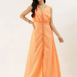 Ethnovog Peach-Coloured  Coffee Brown Foil Print Cotton Front-Slit A-Line Maxi Dress image 5