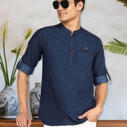Kuons Avenue Band Collar Long Sleeve Denim Pathani Short Kurta-picture-48