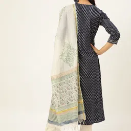 Maaesa Women Navy Blue Ethnic Motifs Printed Kurta with Trousers & With Dupatta & Mask image 3