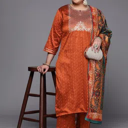 Sztori Plus Size Geometric Woven Design Zari Work Regular Kurta With Trousers & Dupatta image 1