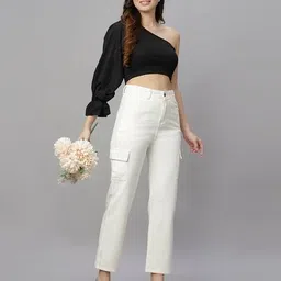 fashion world Women High-Rise Tapered Mom Fit Cargo Jeans image 4