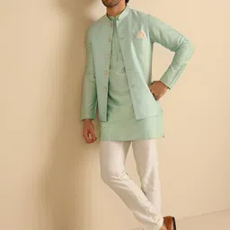 KISAH Mandarin Collar Straight Kurta with Churidar & Nehru jacket image 1