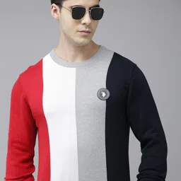 U.S. Polo Assn. Men Red & Grey Melange Colourblocked Pullover Sweater image 1