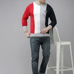 U.S. Polo Assn. Men Red & Grey Melange Colourblocked Pullover Sweater image 5