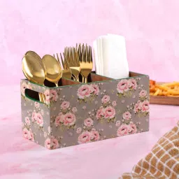 the home co. Green Rose Mdf Wood Square 1 Pcs Cutlery Holder image 1
