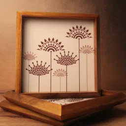 bambaise Peach Teak Wood Square Tray with Mandala Art image 1