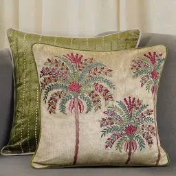 preetier Beige Velvet and Cotton Embroidered Floral 18x18 inches Cushion Cover (1Pc) image 1
