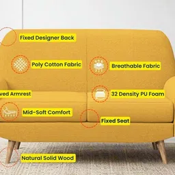 febonic Jessy Fabric 2 Seater Sofa in Bold Yellow Colour image 5