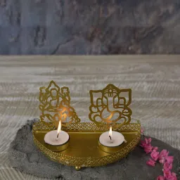manor house Roshni Lakshmi Ganesh Gold Iron Table Tealight Holder image 1