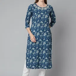 KALINI Floral Printed Thread Work Cotton Straight Kurta-image-35