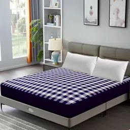 DREAM CARE Blue & White Checked Stretchable King-Size Mattress Protector image 1