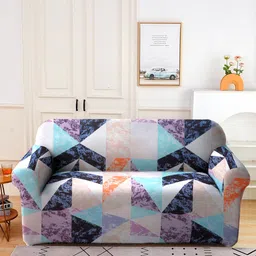Cortina Beige & Blue Printed Double-Seater Sofa Cover-picture-33