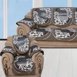 BIGGER FISH Brown & Cream Embroidered 5 Seater Sofa Cover-picture-32