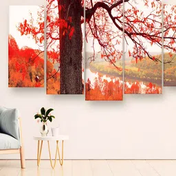 Casperme Orange and white 5 Pieces Floral Wooden Wall Painting image 1