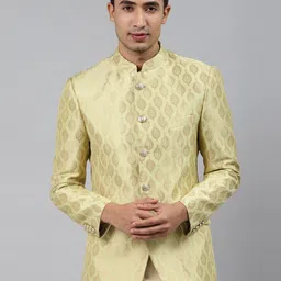 MANQ Men Green Self-Design Slim Fit Bandhgala Blazer-picture-11