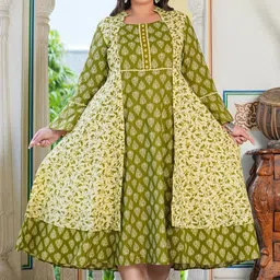 YASH GALLERY Plus Size Ethnic Motifs Printed Jacket Style Cotton Fit & Flare Midi Dress-picture-32