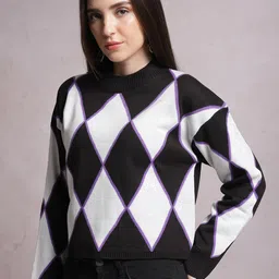 Tokyo Talkies Black Geometric Printed Acrylic Pullover image 1
