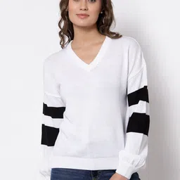 Club York Women White & Black Striped Acrylic Printed Pullover-image-2