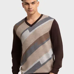 ColorPlus Men Brown & Grey Colourblocked Pullover image 1
