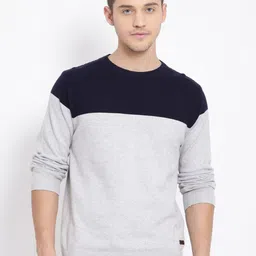 t-base Men Grey & Navy Blue Colourblocked Cotton Pullover Sweater-picture-17