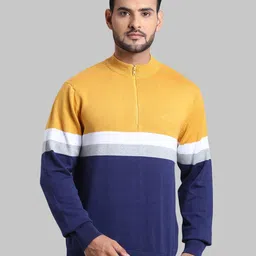 ColorPlus Men Yellow & Navy Blue Colourblocked Pullover-image-13