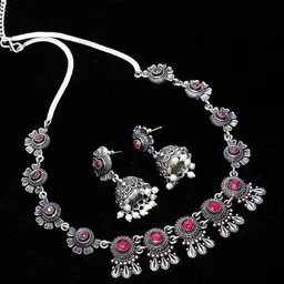 PANASH Oxidized Silver-Plated & Pink Artificial Stone-Studded Handcrafted Jewellery Set-picture-37