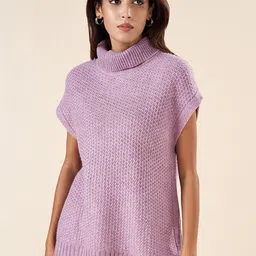 AKKRITI BY PANTALOONS Open Knit Turtle Neck Short Sleeves Acrylic Pullover Sweater-picture-19