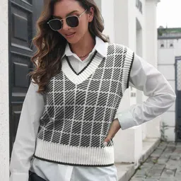 StyleCast Women Black & White Checked Sweater-picture-14