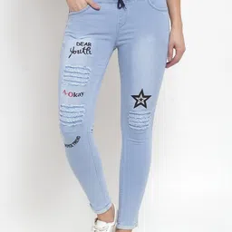 A-Okay Girls Slim Fit Mid-Rise Mildly Distressed Light Fade Embroidered Stretchable Jeans-picture-14