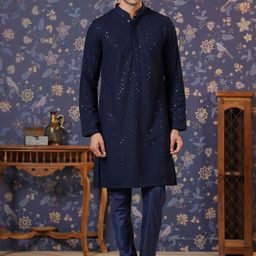 House of Pataudi Navy Blue Ethnic Motifs Embroidered Straight Kurta With Churidar-picture-18
