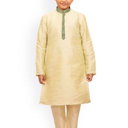 Manyavar Boys Beige & Lime Green Solid Kurta with Churidar-picture-37