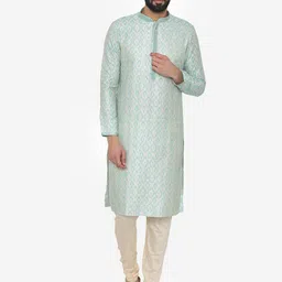 Manyavar Men Turquoise Blue Self Design Kurta with Churidar image 1