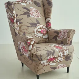 HOKIPO Beige Printed 140 GSM Stretchable Wing Chair Cover-image-19