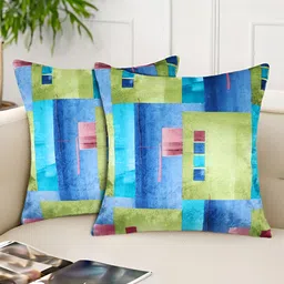 Tesmare Blue & Olive Green 2 Pieces Geometric Velvet Square Cushion Covers-image-7