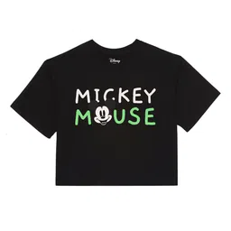 Disney by Wear Your Mind Girls Black Printed Round Neck Cropped Pure Cotton T-shirt-picture-18