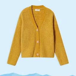 Mango Kids Girls Mustard Yellow Solid V-Neck Drop Shoulder Sleeves Cardigan-picture-14