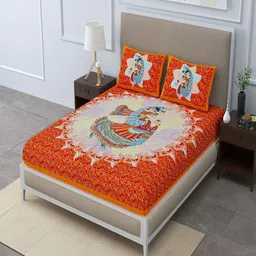 UNIQCHOICE Orange & Blue Ethnic Motifs Cotton 120 TC Queen Bedsheet with 2 Pillow Covers-picture-14