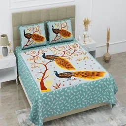 UNIQCHOICE Yellow Ethnic Motifs Pure Cotton 120 TC Queen Bedsheet With 2 Pillow Covers-picture-30