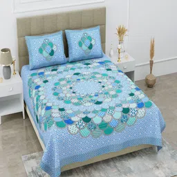 UNIQCHOICE Blue & Green Ethnic Motifs Cotton 120 TC Queen Bedsheet with 2 Pillow Covers-picture-24