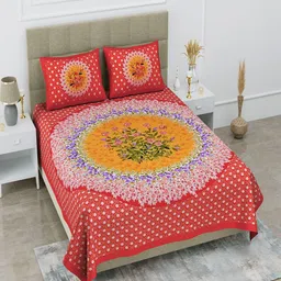 UNIQCHOICE Red & Orange Ethnic Motifs Cotton 120 TC Queen Bedsheet with 2 Pillow Covers-picture-21