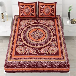 UNIQCHOICE Maroon Ethnic Motifs Pure Cotton 120 TC Queen Bedsheet & 2 Pillow Covers-image-1