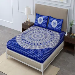 UNIQCHOICE Blue & White Ethnic Motifs Cotton 120 TC Queen Bedsheet with 2 Pillow Covers-image-67