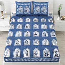 UNIQCHOICE White & Blue Ethnic Motifs Pure Cotton 120 TC Queen Bedsheet & 2 Pillow Covers-image-41