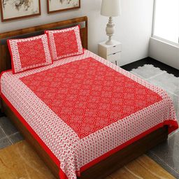 UNIQCHOICE Red & White Ethnic Motifs Pure Cotton 120 TC Queen Bedsheet & 2 Pillow Covers-picture-16